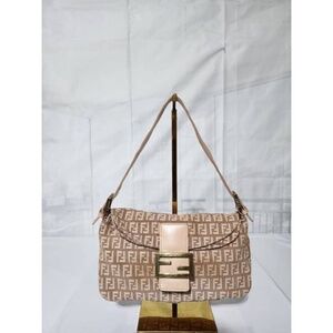 Authentic Fendi Zucchino Canvas Baguette Canvas Shoulder Bag Beige/pink